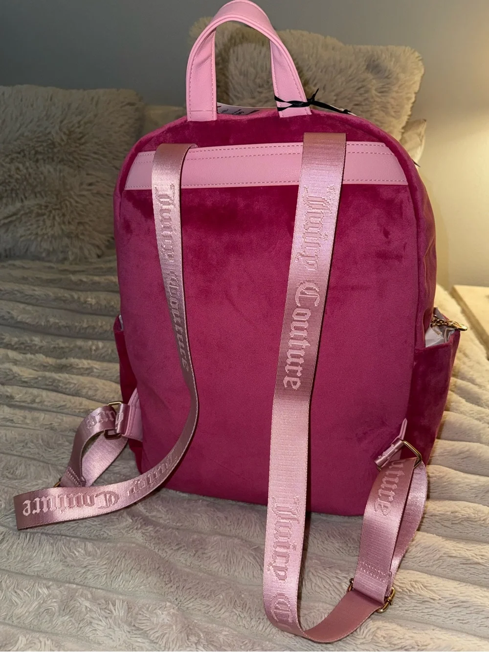 Juicy Couture Pink Velour Backpack with Plush Charm and Mini Purse